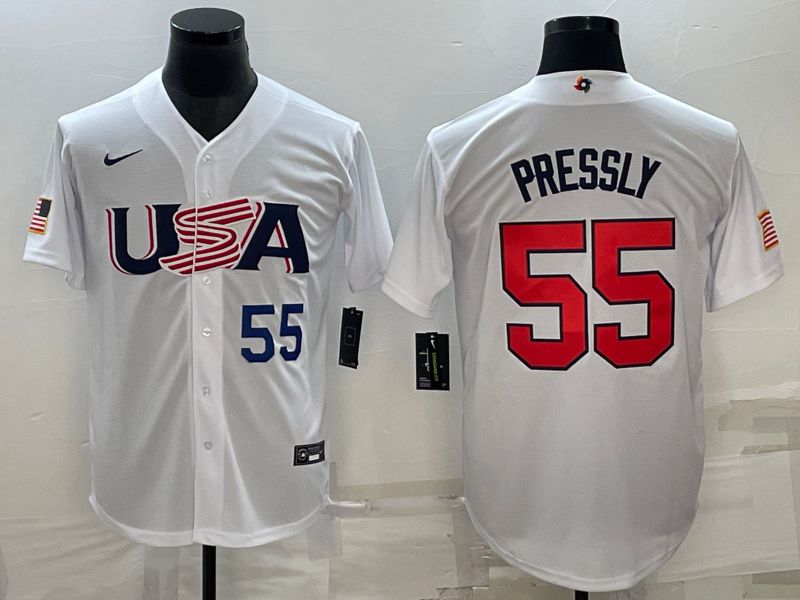 Men 2023 World Cub USA 55 Pressly White Nike MLB Jersey